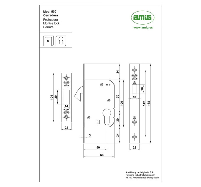 Замок для раздвижных под цилиндр MORTICE LOCK 500-50 SATIN NICKEL