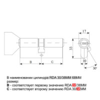 Цилиндр RDA 30/35мм лаз. 65мм 5кл кругл.повор.латунь