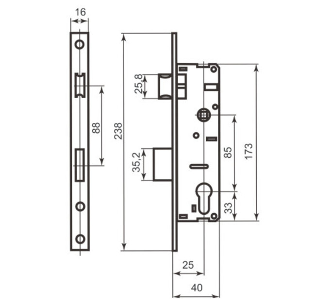 Корпус узкопрофильного замка BRUNO 153 16-25 мц85 хром