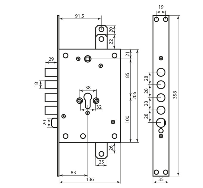 Mottura Art. 85971S28N Замок 4-риг с зас., под цилиндр, под тяги