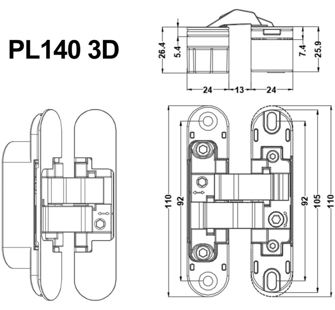 Скрытая завеса PL d40 3D - 24х110 мм d40 кг двери), матовая белая WH