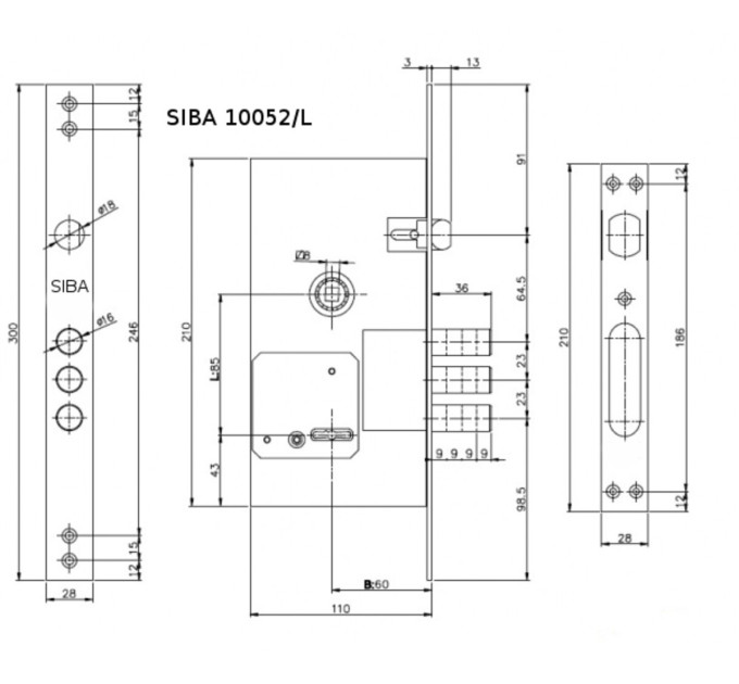 SIBA Замок для металлической двери сувальдный 10052/L 5 кл., 85/60 мм