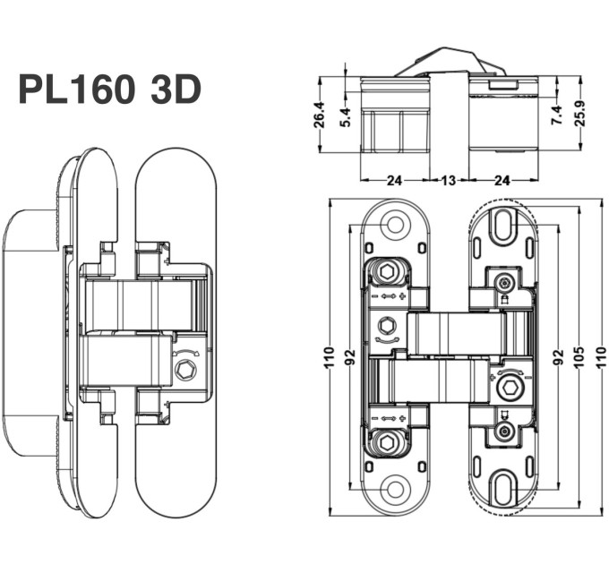 Скрытая завеса PL160 3D - 24х110 мм (60 кг дверь), матовая черная BL