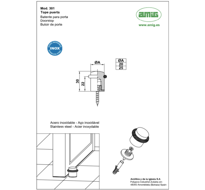 Упор дверной мод d301 - d25 d30 mm нержавеющая сталь