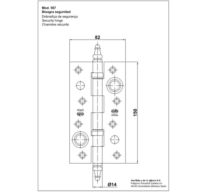 Петля дверная противосъемная мод.567 - 150x82x3 mm (2 подшипника) черная