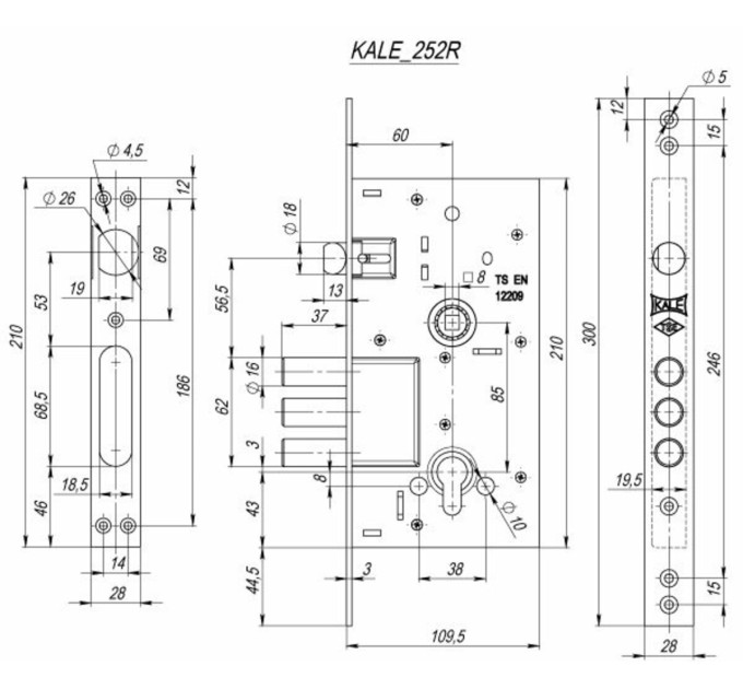 KALE Корпус замка для металлической двериd252 R с соответствующей планкой (2-Х ОБОРАТНЫЙ)