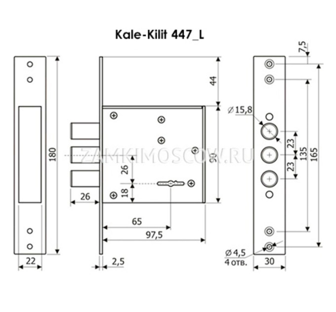 KALE Замок доп. для мет. дверей 447 L 4 кл, (пл.головка, Д-75 мм) без отв. планки (Гардиан d30.01)